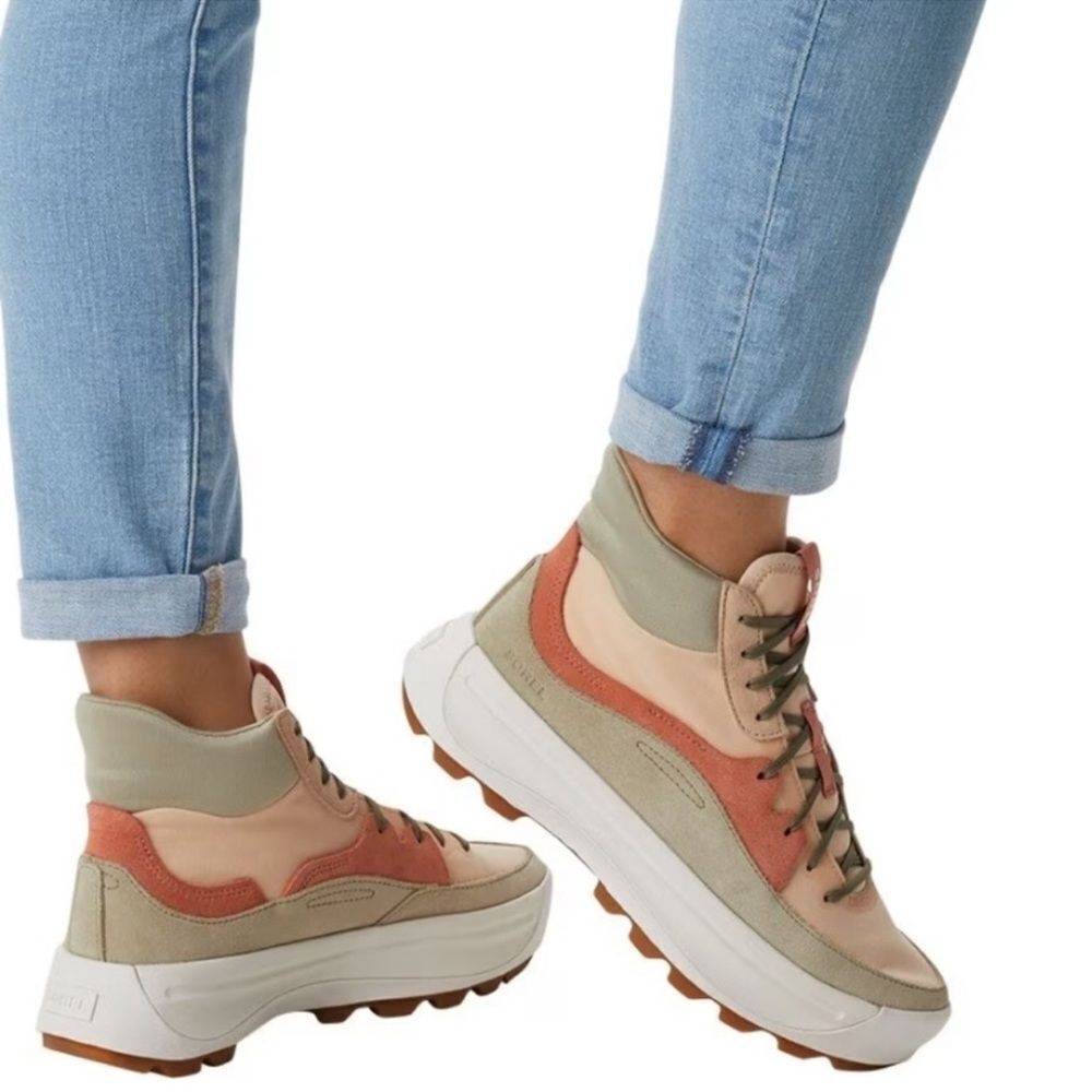 Sorel Women’s Ona 503 High Top Sneakers in Nova, Sand, Paradox Pink.